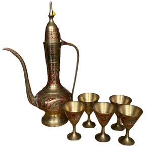 Vintage solid Brass edged tea set small decorative